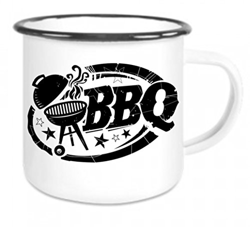CreaLuxe Emaille Tasse " BBQ " - Kaffeetasse mit Motiv, Campingtasse, bedruckte Emailletasse mit Wunschtext von Crealuxe