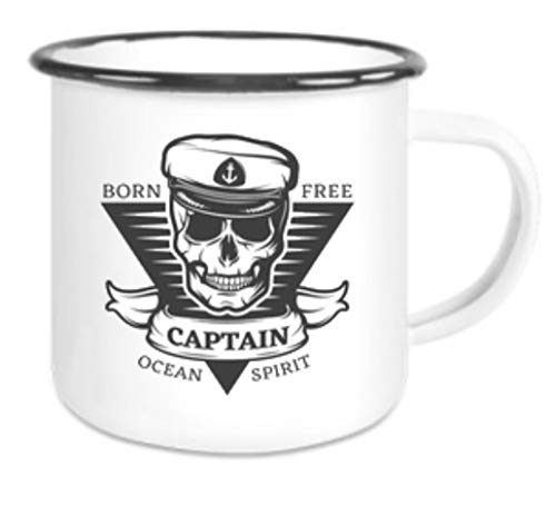 CreaLuxe Emaille Tasse " Born free Captain " - Kaffeetasse mit Motiv, Campingtasse, bedruckte Emailletasse mit Wunschtext von Crealuxe