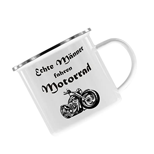 Crealuxe Emaille Tasse Echte Männer fahren Motorrad - Kaffeetasse mit Motiv, Campingtasse, bedruckte Emailletasse mit Wunschtext von Crealuxe