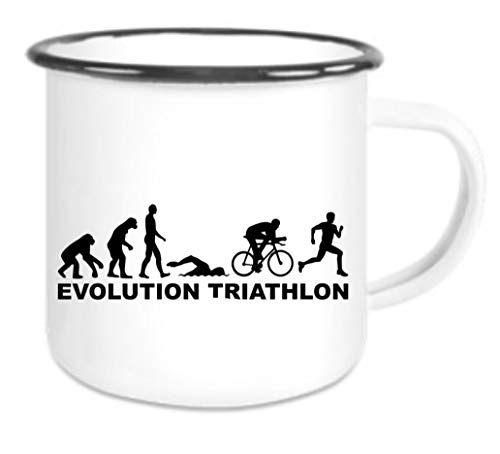 CreaLuxe Emaille Tasse " Evolution Triathlon " - Kaffeetasse mit Motiv, Campingtasse, bedruckte Emailletasse mit Wunschtext von Crealuxe