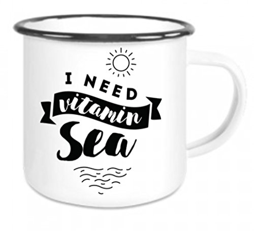 CreaLuxe Emaille Tasse " I need vitamin Sea " - Kaffeetasse mit Motiv, Campingtasse, bedruckte Emailletasse mit Wunschtext von Crealuxe