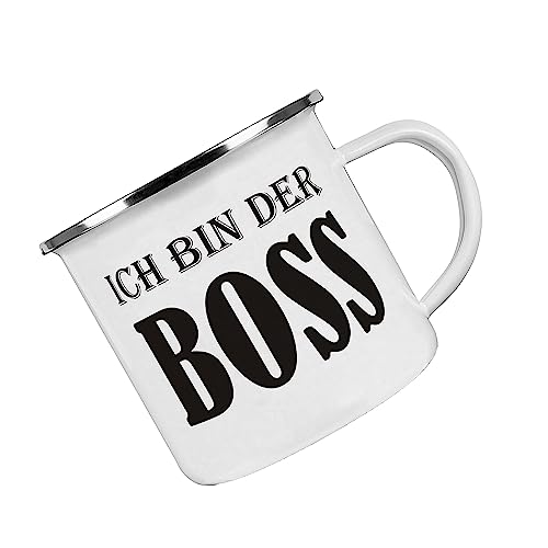 Crealuxe Emaille Tasse Ich bin der Boss - Kaffeetasse mit Motiv, Campingtasse, bedruckte Emailletasse mit Wunschtext von Crealuxe