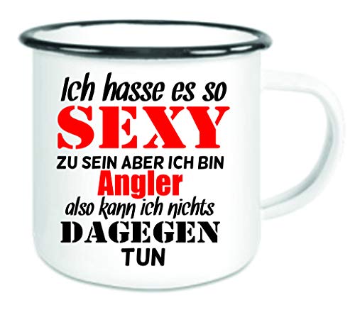 Crealuxe Emaille Tasse Ich hasse es so sexy zu sein - Angler - Kaffeetasse mit Motiv, Campingtasse, bedruckte Emailletasse mit Wunschtext von Crealuxe