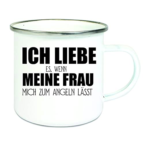 CreaLuxe Emaille Tasse " Ich liebe es, wenn meine Frau mich zum Angeln lässt.. " - Kaffeetasse mit Motiv, Campingtasse, bedruckte Emailletasse mit Wunschtext von Crealuxe