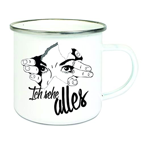 CreaLuxe Emaille Tasse " Ich sehe alles " - Kaffeetasse mit Motiv, Campingtasse, bedruckte Emailletasse mit Wunschtext von Crealuxe