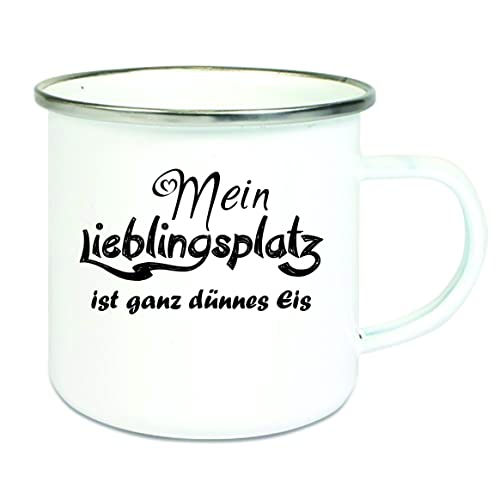 CreaLuxe Emaille Tasse " Mein Lieblingsplatz ist ganz dünnes Eis. " - Kaffeetasse mit Motiv, Campingtasse, bedruckte Emailletasse mit Wunschtext von Crealuxe