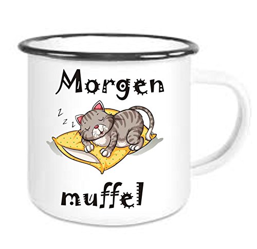 CreaLuxe Emaille Tasse " Morgenmuffel " - Kaffeetasse mit Motiv, Campingtasse, bedruckte Emailletasse mit Wunschtext von Crealuxe