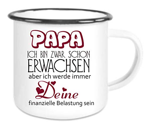 CreaLuxe Emaille Tasse " Papa ich bin zwar schon erwachsen" - Kaffeetasse mit Motiv, Campingtasse, bedruckte Emailletasse mit Wunschtext von Crealuxe