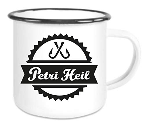CreaLuxe Emaille Tasse " Petri Heil " - Kaffeetasse mit Motiv, Campingtasse, bedruckte Emailletasse mit Wunschtext von Crealuxe
