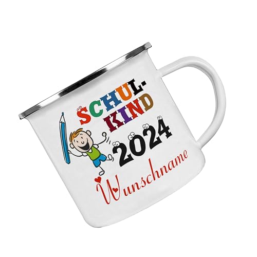 Crealuxe Emaille Tasse Schulkind 2025 (Wunschname) - Kaffeetasse mit Motiv, Campingtasse, bedruckte Emailletasse mit Wunschtext, Name, Einschulung Geschenke von Crealuxe