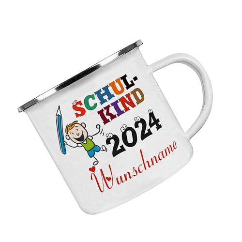 Crealuxe Emaille Tasse Schulkind 2024 (Wunschname) - Kaffeetasse mit Motiv, Campingtasse, bedruckte Emailletasse mit Wunschtext, Name, Einschulung Geschenke von Crealuxe