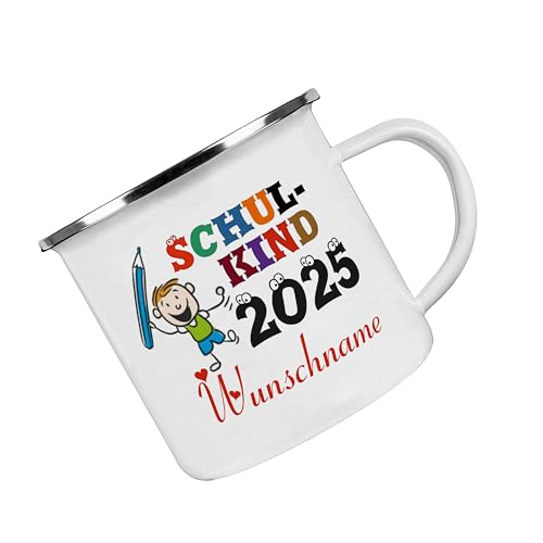 Crealuxe Emaille Tasse Schulkind 2025 (Wunschname) - Kaffeetasse mit Motiv, Campingtasse, bedruckte Emailletasse mit Wunschtext, Name, Einschulung Geschenke von Crealuxe