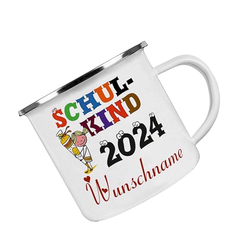 Crealuxe Emaille Tasse Schulkind 2024" MÄDCHEN MOTIV - Kaffeetasse mit Motiv, Campingtasse, bedruckte Emailletasse mit Wunschtext, Personalisiert mit Name von Crealuxe