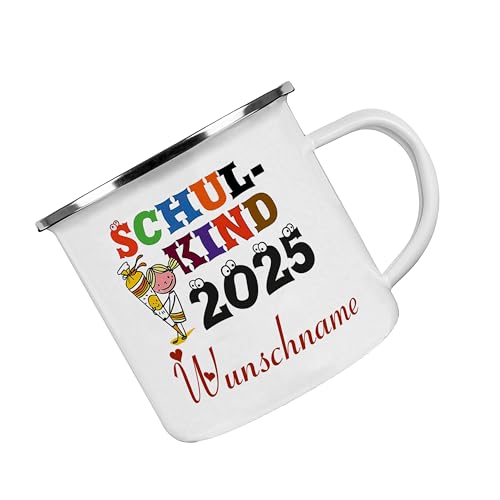 Crealuxe Emaille Tasse Schulkind 2025" MÄDCHEN MOTIV - Kaffeetasse mit Motiv, Campingtasse, bedruckte Emailletasse mit Wunschtext, Personalisiert mit Name von Crealuxe