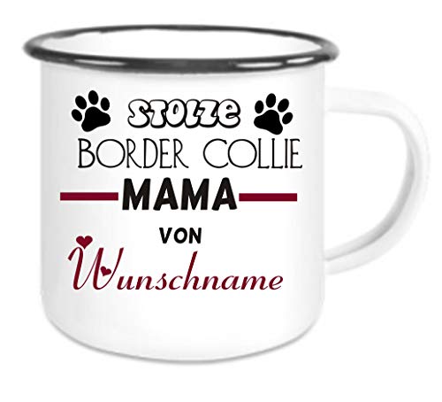 CreaLuxe Emaille Tasse " Stolze Border Collie Mama von Wunschname " - Kaffeetasse mit Motiv, Campingtasse, bedruckte Emailletasse mit Wunschtext, Wunschname, Spruch oder Bildern von Crealuxe