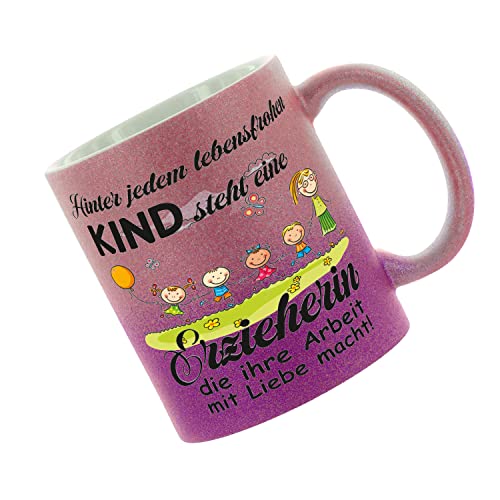 Crealuxe Farbverlauf-Glitzertasse (pink-purple) Hinter jedem lebensfrohen Kind steht eine Erzieherin - Glitzertasse mit Farbverlauf - Kaffeetasse von Crealuxe