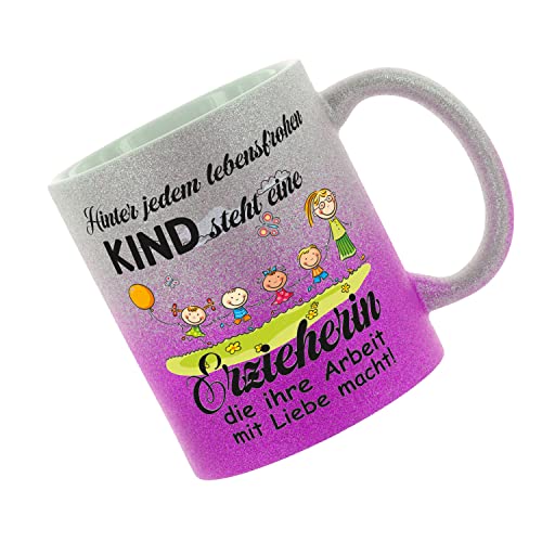 Crealuxe Farbverlauf-Glitzertasse (silber-purple) Hinter jedem lebensfrohen Kind steht eine Erzieherin - Glitzertasse mit Farbverlauf - Kaffeetasse, Abschiedsgeschenk Kindergarten Kita von Crealuxe