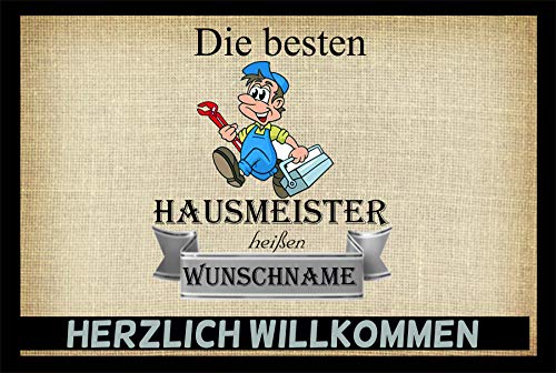 Crealuxe Fussmatte mit Wunschtext/Wunschname Die besten Hausmeister heißen - 60x40 cm - Gummi Rückseite/rutschfest - Filzoberfläche - Bedruckte Türmatte - Innenmatte - Schmutzmatte von Crealuxe