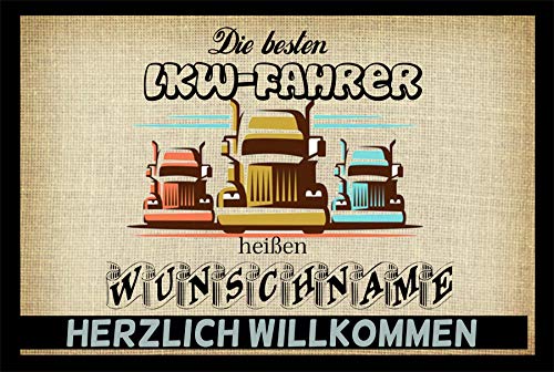 Crealuxe Fussmatte mit Wunschtext/Wunschname Die besten LKW-Fahrer heißen ... - 60x40 cm - Gummi Rückseite/rutschfest - Filzoberfläche - Bedruckte Türmatte - Innenmatte - Schmutzmatte von Crealuxe