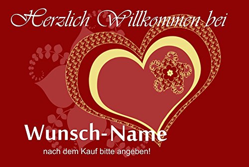 Crealuxe Fussmatte mit Wunschtext/Wunschname Herzlich Willkommen - Motiv Gelbes Herz (Rot) - 60x40 cm - Gummi Rückseite/rutschfest - Filzoberfläche - Bedruckte Türmatte - Innenmatte von Crealuxe