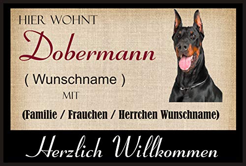 Crealuxe Fussmatte mit Wunschtext/Wunschname Hier wohnt Dobermann - 60x40 cm - Gummi Rückseite/rutschfest - Filzoberfläche - Bedruckte Türmatte - Innenmatte von Crealuxe