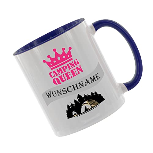 Crealuxe Kaffeetasse - Camping - Queen (Wunschname) -Spruchtasse, Bürotasse, bedruckte Keramiktasse, Tasse mit Spruch, Hochwertige Kaffeetasse (Blau) von Crealuxe