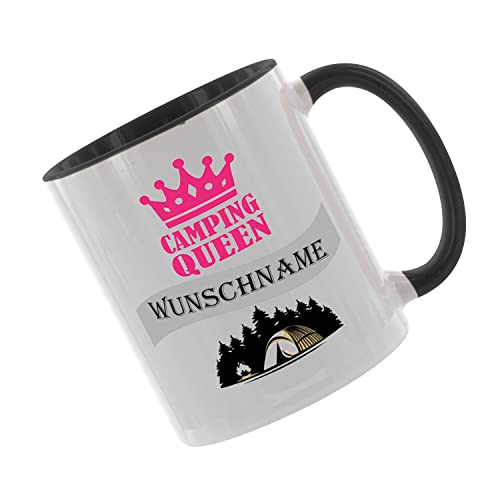 Crealuxe Kaffeetasse - Camping - Queen (Wunschname) -Spruchtasse, Bürotasse, bedruckte Keramiktasse, Tasse mit Spruch, Hochwertige Kaffeetasse (Schwarz) von Crealuxe