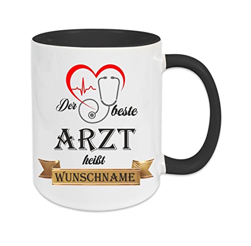 Crealuxe Kaffeetasse - Der Beste Arzt heißt (Wunschname) - Spruchtasse, Bürotasse, bedruckte Keramiktasse, Tasse mit Spruch, Hochwertige Kaffeetasse, Tasse personalisiert (Schwarz) von Crealuxe