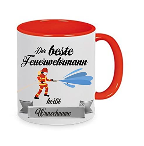 CreaLuxe Kaffeetasse - Der Beste Feuerwehrmann heißt (Wunschname) - Spruchtasse, Bürotasse, bedruckte Keramiktasse, Tasse mit Spruch, Hochwertige Kaffeetasse, Tasse personalisiert (Rot) von Crealuxe