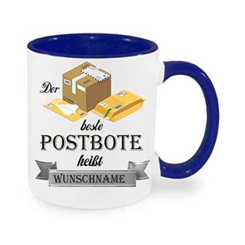 Crealuxe Kaffeetasse - Der Beste Postbote heißt (Wunschname) - Spruchtasse, Bürotasse, bedruckte Keramiktasse, Tasse mit Spruch, Hochwertige Kaffeetasse, Tasse personalisiert (Blau) von Crealuxe