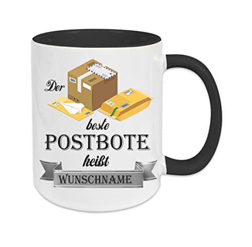 Crealuxe Kaffeetasse - Der Beste Postbote heißt (Wunschname) - Spruchtasse, Bürotasse, bedruckte Keramiktasse, Tasse mit Spruch, Hochwertige Kaffeetasse, Tasse personalisiert (Schwarz) von Crealuxe