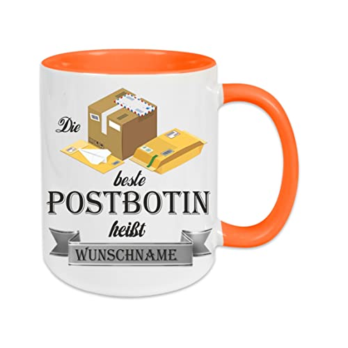 Crealuxe Kaffeetasse - Die Beste Postbotin heißt (Wunschname) - Spruchtasse, Bürotasse, bedruckte Keramiktasse, Tasse mit Spruch, Hochwertige Kaffeetasse, Tasse personalisiert (Orange) von Crealuxe