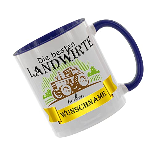 Crealuxe Kaffeetasse - Die Besten Landwirte heißen (Wunschname) -Spruchtasse, Bürotasse, bedruckte Keramiktasse, Tasse mit Spruch, Hochwertige Kaffeetasse (Blau) von Crealuxe