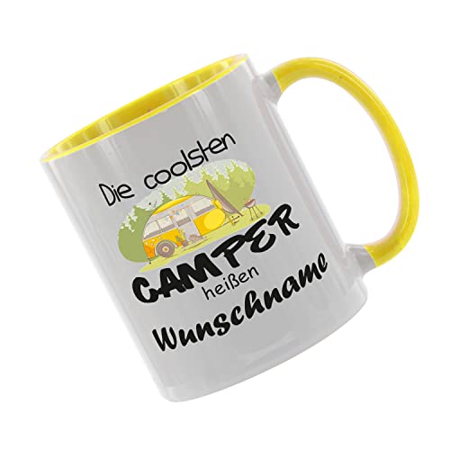 Crealuxe Kaffeetasse - Die Coolsten Camper heißen (Wunschname) - Spruchtasse, Bürotasse, bedruckte Keramiktasse, Tasse mit Spruch, Hochwertige Kaffeetasse, Tasse personalisiert (Gelb) von Crealuxe