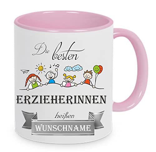 Crealuxe Kaffeetasse - Die besten Erzieherinnen heißen (Wunschname) -Spruchtasse, Bürotasse, bedruckte Keramiktasse, Tasse mit Spruch, Hochwertige Kaffeetasse (Rosa) von Crealuxe