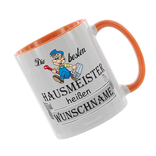 Crealuxe Kaffeetasse - Die besten Hausmeister heißen (Wunschname) - Spruchtasse, Bürotasse, bedruckte Keramiktasse, Tasse mit Spruch, Hochwertige Kaffeetasse, Personalisierte Geschenke (Orange) von Crealuxe