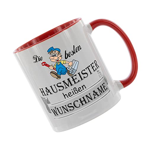 Crealuxe Kaffeetasse - Die besten Hausmeister heißen (Wunschname) - Spruchtasse, Bürotasse, bedruckte Keramiktasse, Tasse mit Spruch, Hochwertige Kaffeetasse, Personalisierte Geschenke (Rot) von Crealuxe