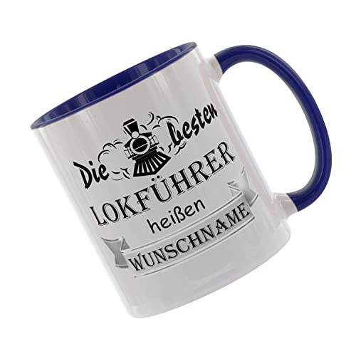 Crealuxe Kaffeetasse - Die besten Lokführer heißen (Wunschname) -Spruchtasse, Bürotasse, bedruckte Keramiktasse, Tasse mit Spruch, Hochwertige Kaffeetasse (Blau) von Crealuxe