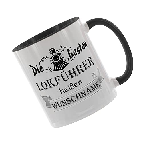 Crealuxe Kaffeetasse - Die besten Lokführer heißen (Wunschname) -Spruchtasse, Bürotasse, bedruckte Keramiktasse, Tasse mit Spruch, Hochwertige Kaffeetasse (Schwarz) von Crealuxe