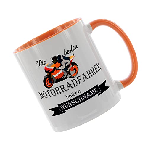 Crealuxe Kaffeetasse - Die besten Motorradfahrer heißen (Wunschname) -Spruchtasse, Bürotasse, bedruckte Keramiktasse, Tasse mit Spruch, Hochwertige Kaffeetasse (Orange) von Crealuxe
