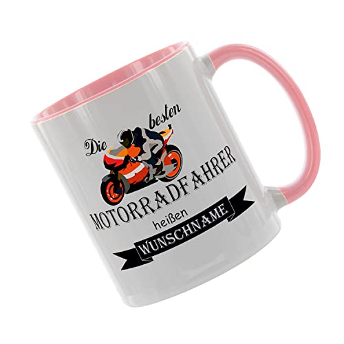 Crealuxe Kaffeetasse - Die besten Motorradfahrer heißen (Wunschname) -Spruchtasse, Bürotasse, bedruckte Keramiktasse, Tasse mit Spruch, Hochwertige Kaffeetasse (Rosa) von Crealuxe