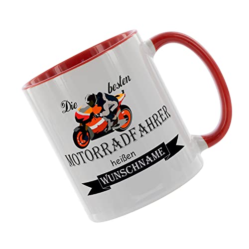 Crealuxe Kaffeetasse - Die besten Motorradfahrer heißen (Wunschname) -Spruchtasse, Bürotasse, bedruckte Keramiktasse, Tasse mit Spruch, Hochwertige Kaffeetasse (Rot) von Crealuxe