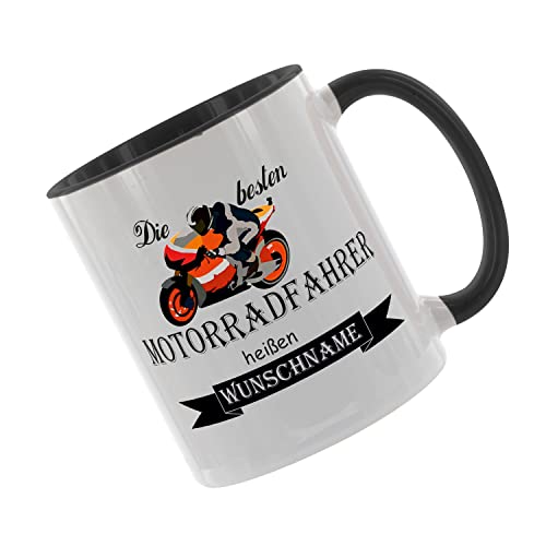 Crealuxe Kaffeetasse - Die besten Motorradfahrer heißen (Wunschname) -Spruchtasse, Bürotasse, bedruckte Keramiktasse, Tasse mit Spruch, Hochwertige Kaffeetasse (Schwarz) von Crealuxe