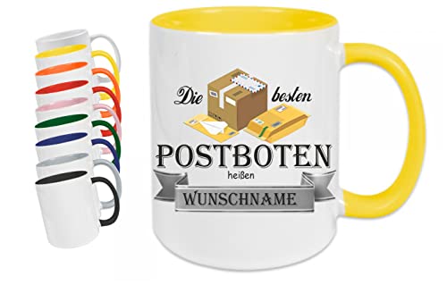 Crealuxe Kaffeetasse - Die besten Postboten heißen (Wunschname) - Spruchtasse, Bürotasse, bedruckte Keramiktasse, Tasse mit Spruch, Hochwertige Kaffeetasse, Tasse personalisiert (Gelb) von Crealuxe