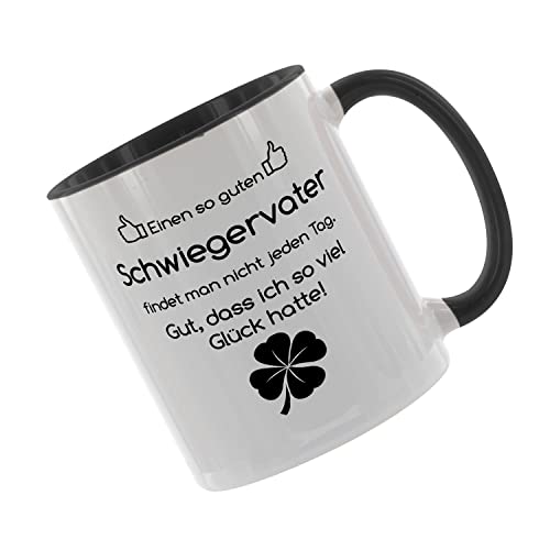 Crealuxe Kaffeetasse - Einen so guten Schwiegervater findet man nicht alle Tage, Gut das ich so viel Glück hatte - Spruchtasse, Bürotasse, Hochwertige bedruckte Keramiktasse (Schwarz) von Crealuxe