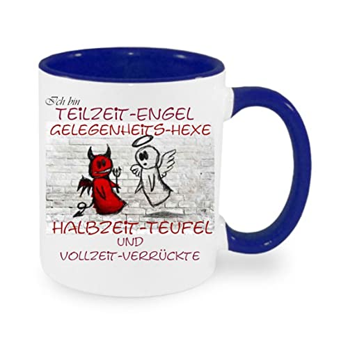 Crealuxe Kaffeetasse - Ich bin Teilzeitengel... -Spruchtasse, Bürotasse, bedruckte Keramiktasse, Tasse mit Spruch, Hochwertige Kaffeetasse (Blau) von Crealuxe