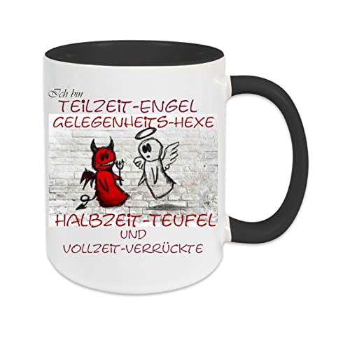 Crealuxe Kaffeetasse - Ich bin Teilzeitengel... -Spruchtasse, Bürotasse, bedruckte Keramiktasse, Tasse mit Spruch, Hochwertige Kaffeetasse (Schwarz) von Crealuxe