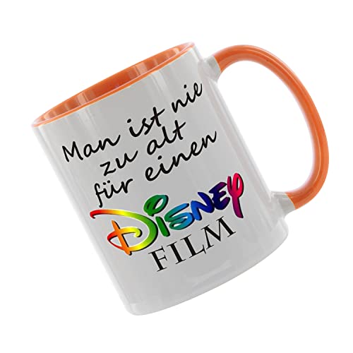 Crealuxe Kaffeetasse - Man ist nie zu alt für einen Disney Film - Spruchtasse, Bürotasse, bedruckte Keramiktasse, Tasse mit Spruch, Hochwertige Kaffeetasse (Orange) von Crealuxe