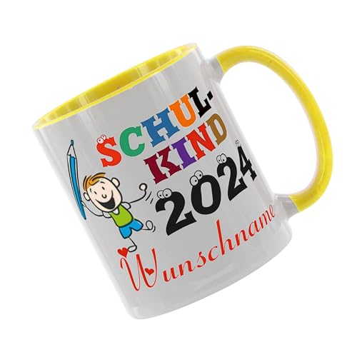 Crealuxe Kaffeetasse - Schulkind 2024 (Wunschname) - Einschulung Geschenke Tasse, bedruckte Keramiktasse, Tasse mit Spruch, Hochwertige Kaffeetasse, Tasse personalisiert (Gelb) von Crealuxe