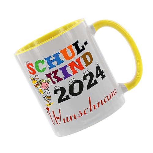 Crealuxe Kaffeetasse - Schulkind 2024 Motiv Mädchen - Einschulung Geschenke Tasse, bedruckte Keramiktasse, Tasse mit Spruch, Hochwertige Kaffeetasse, Tasse personalisiert (Gelb) von Crealuxe